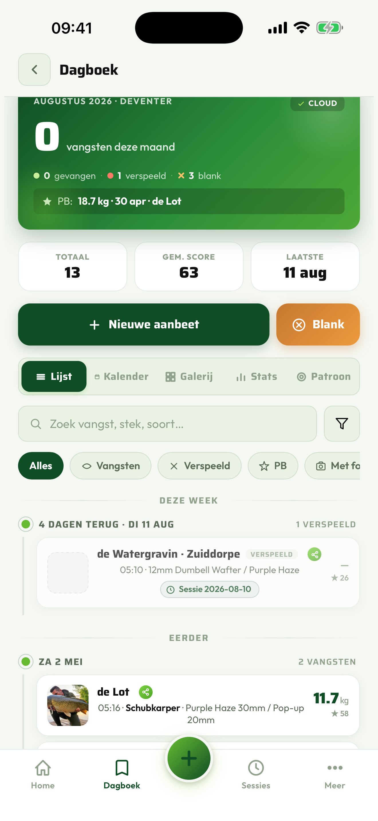 Het dagboek met vangsten en statistieken
