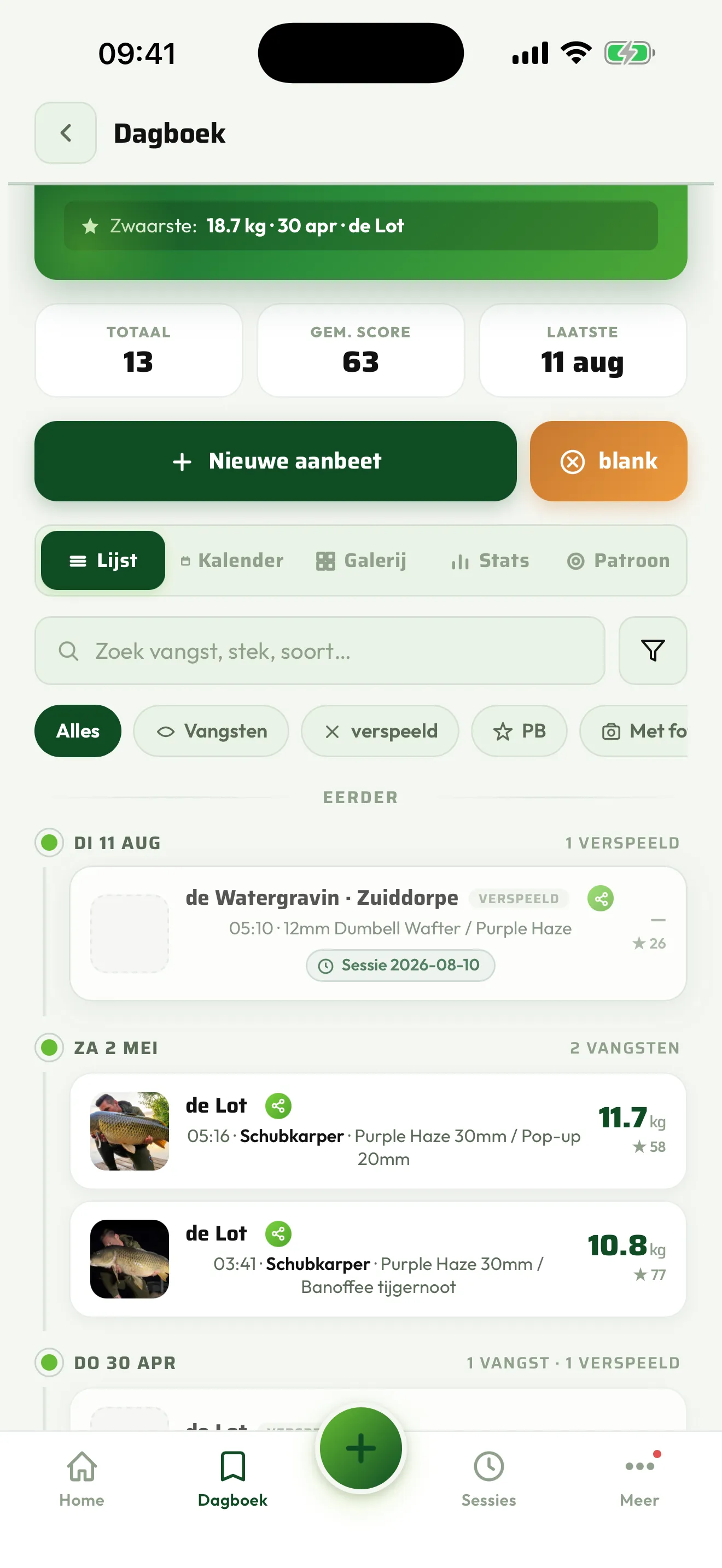 Het dagboek met vangsten en statistieken