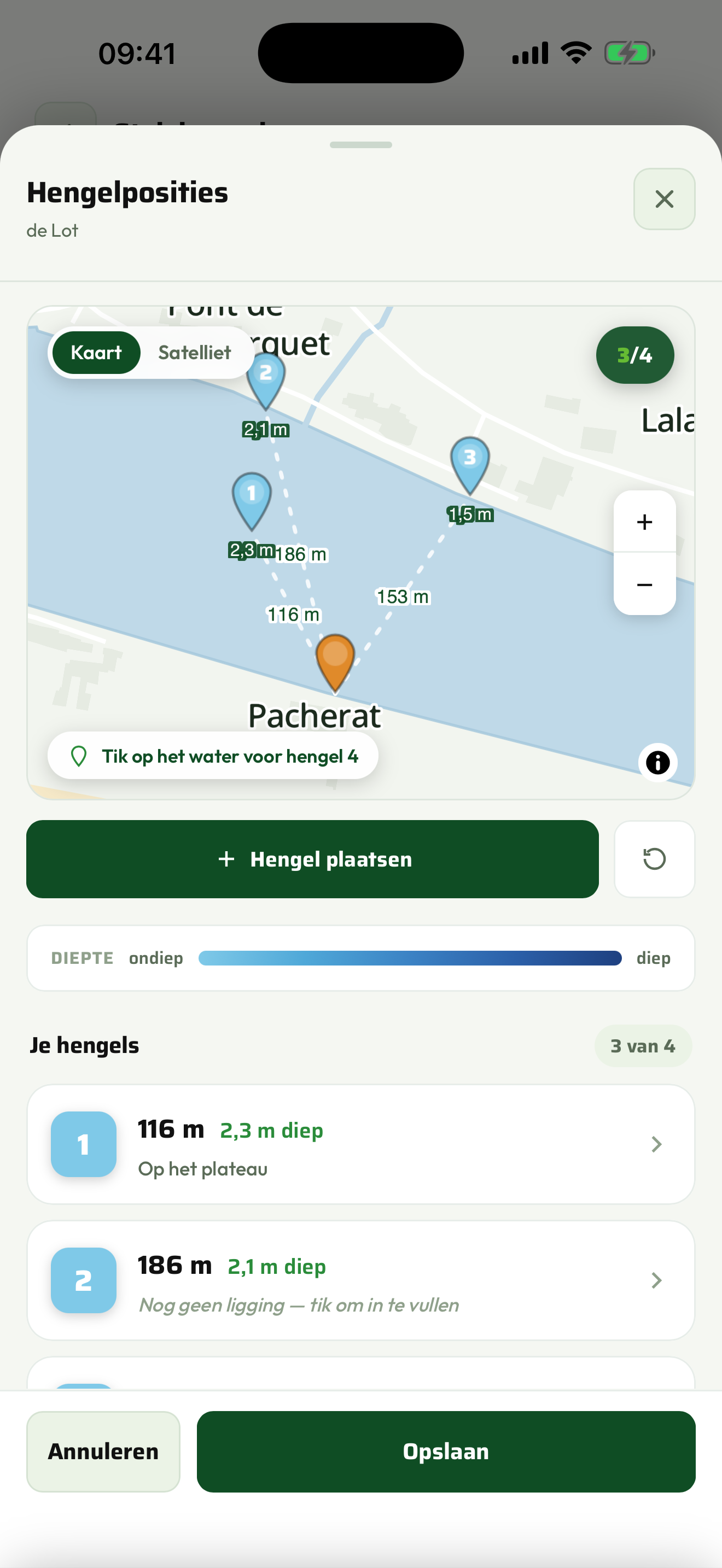 Hengelposities met worplijnen en dieptekleuren