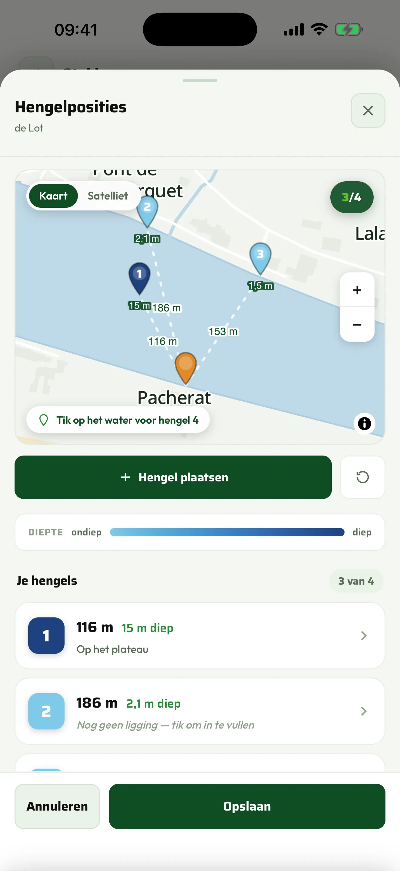 Hengelposities met worplijnen en dieptekleuren