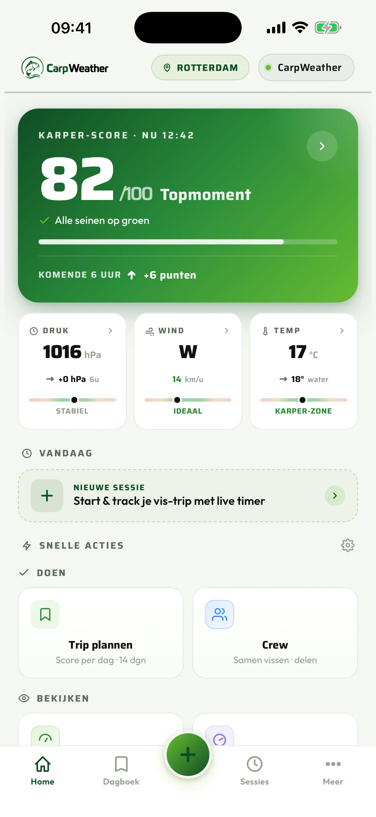 Het CarpWeather-startscherm met de karperscore van vandaag