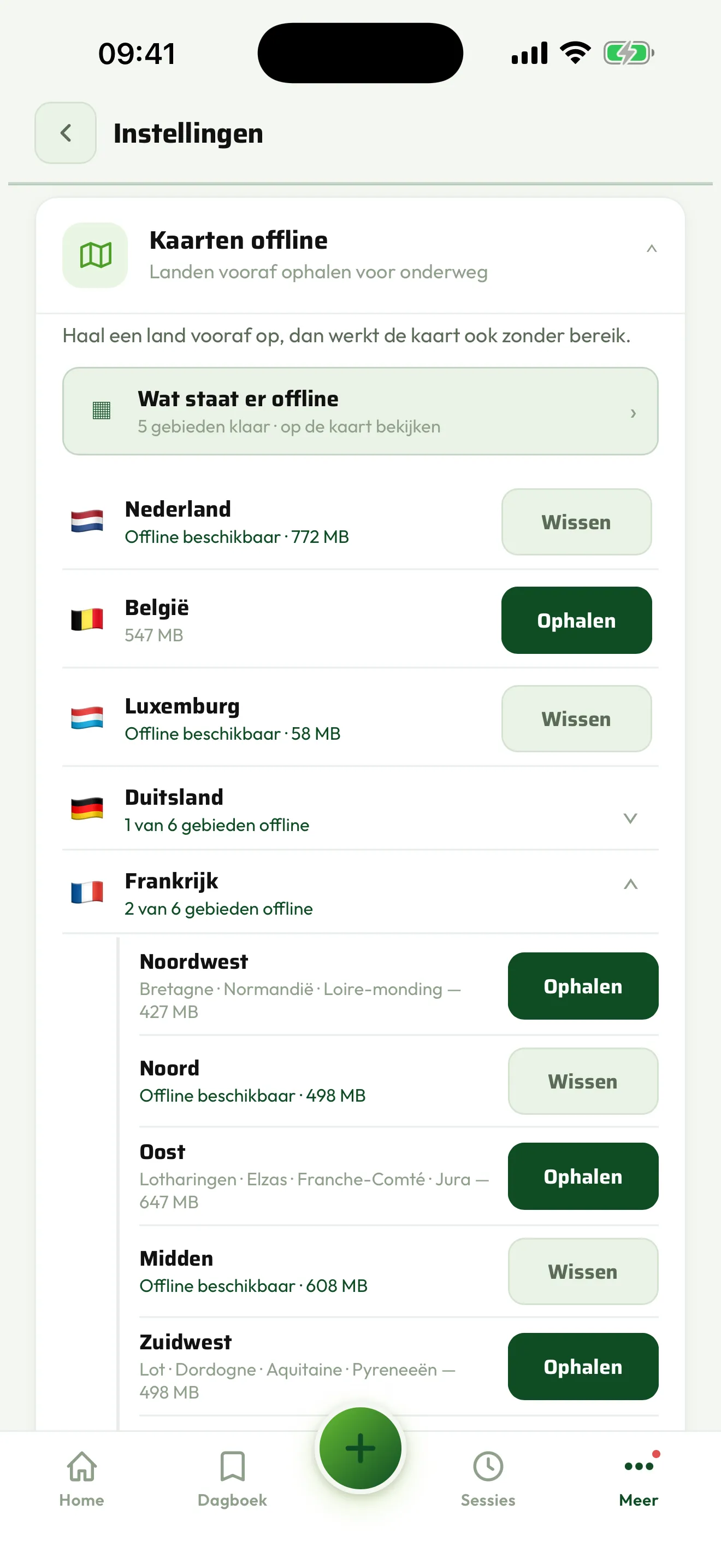 Het overzicht van gebieden die offline klaarstaan