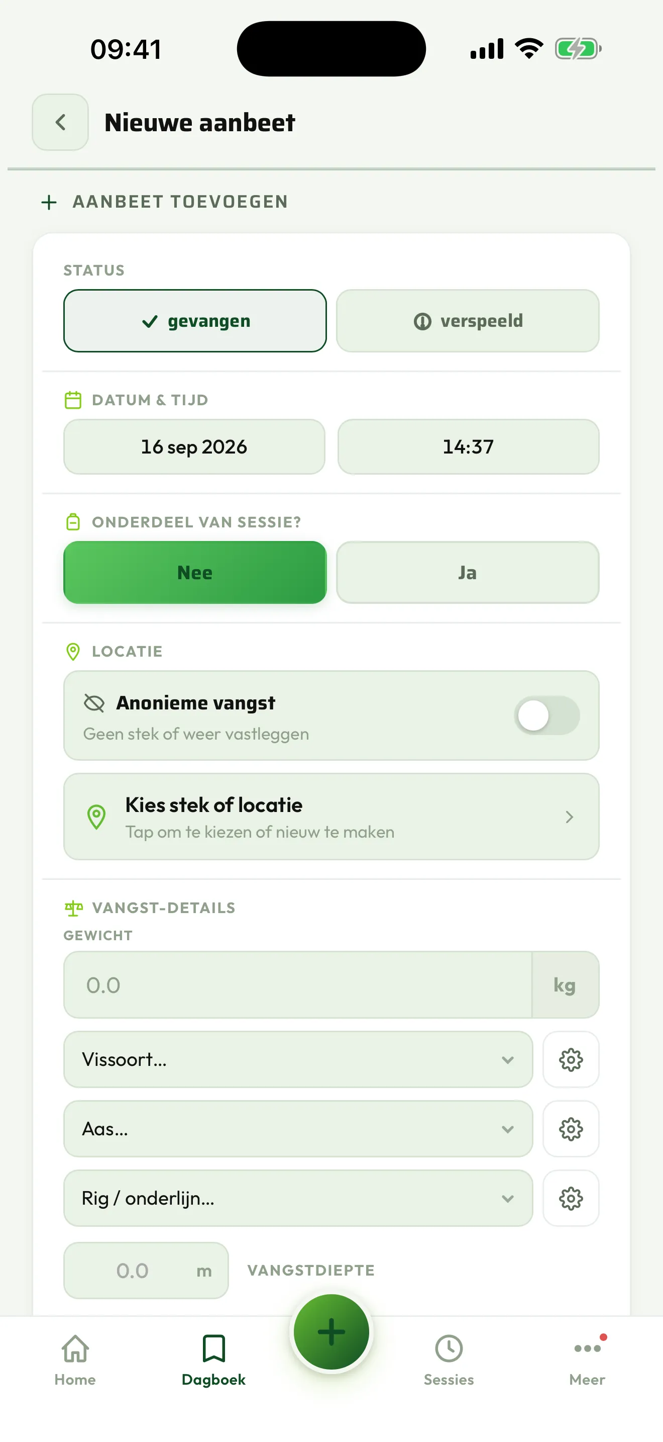 Het scherm om een vangst vast te leggen